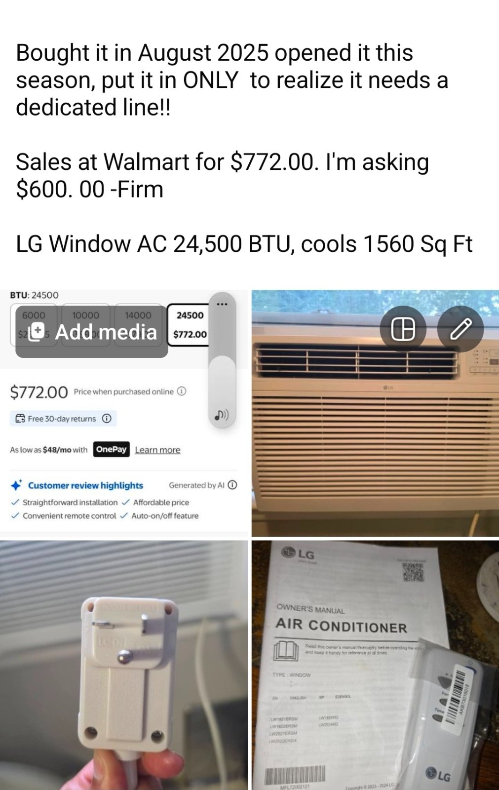 24,500 btu white lg window ac . New- no box
