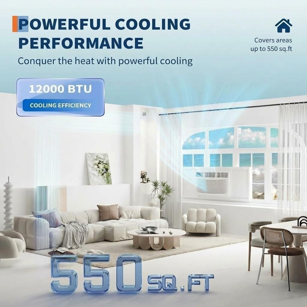 12000 BTU Window Air Conditioner Cooling & Heating with Wifi, Up to 550 Sq ft