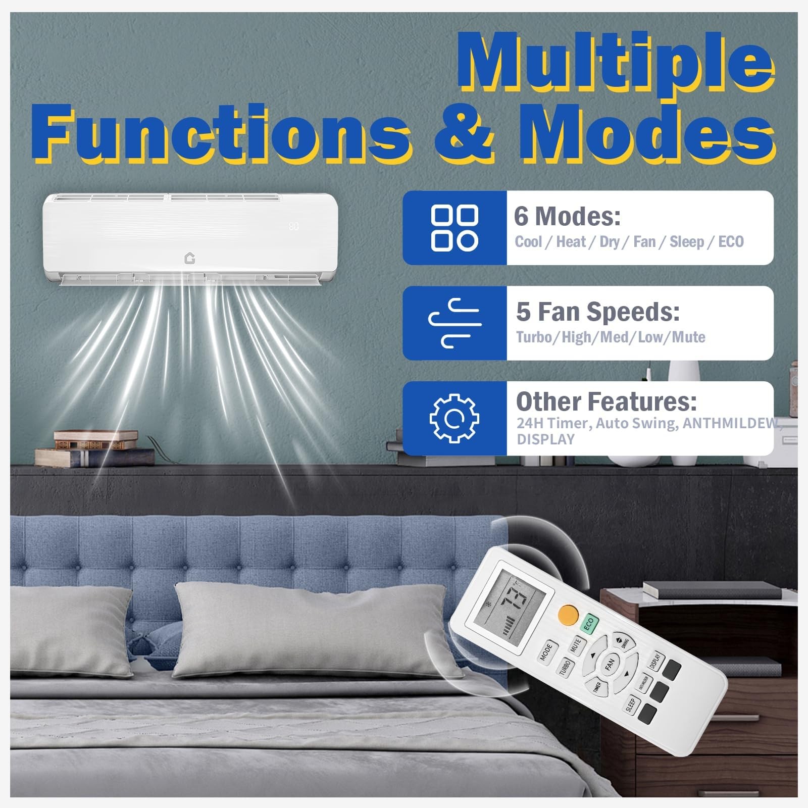 12000 BTU Mini Split Air Conditioner w/Heat Pump System 6 Modes 230V 750 Sq. Ft