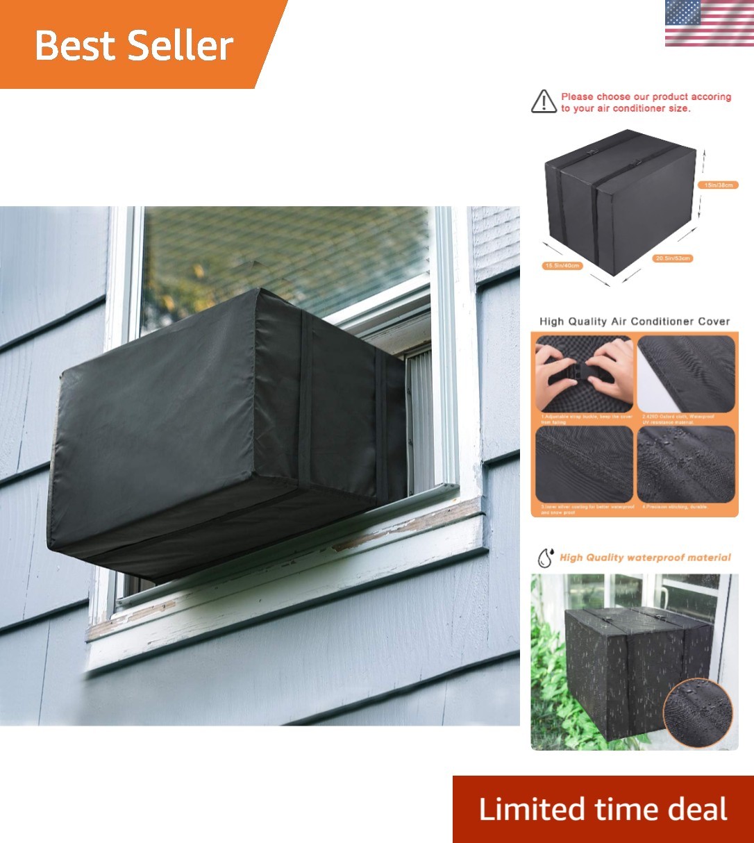 Waterproof Window AC Cover Black 21Wx16Dx15H