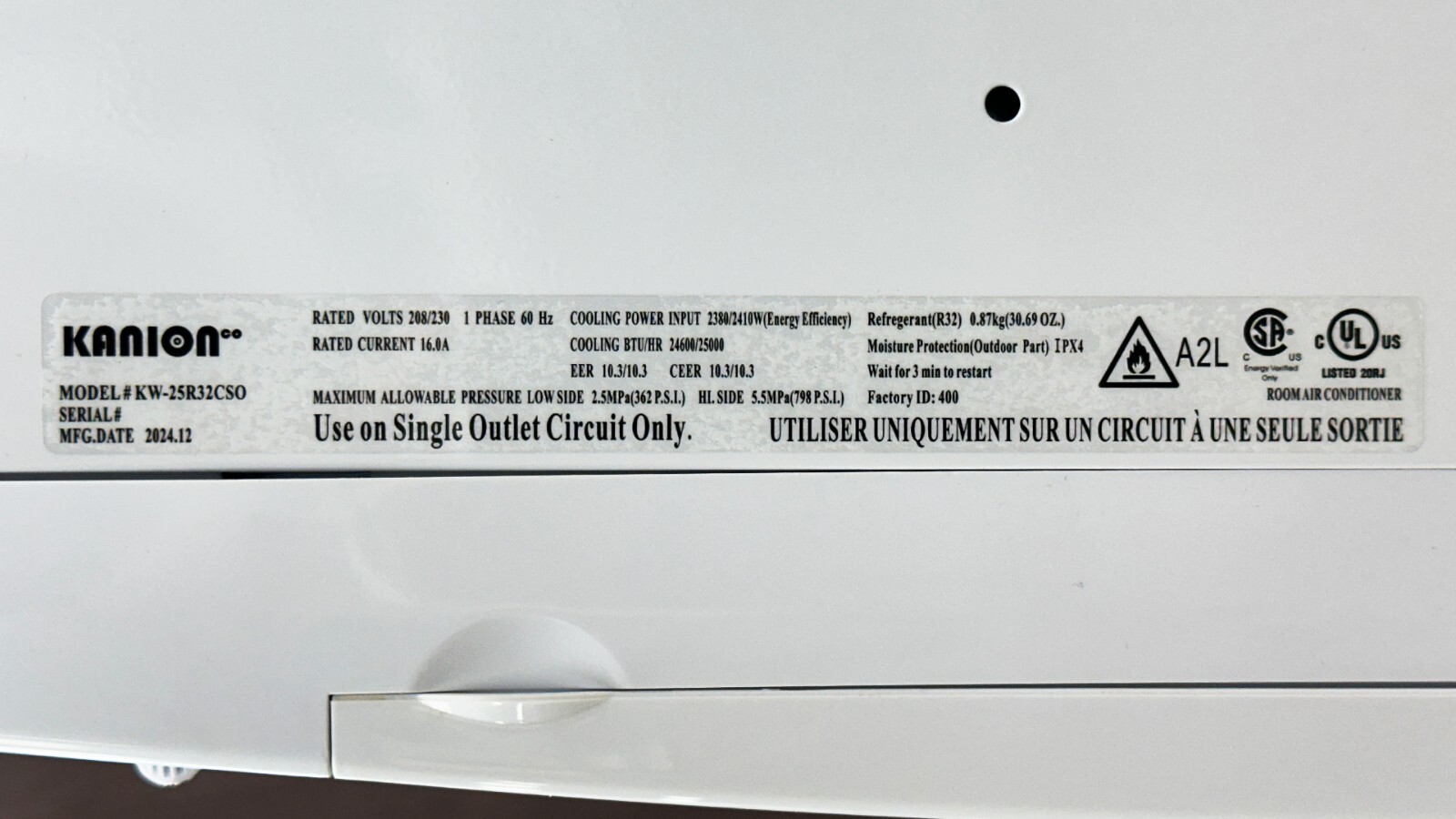 Kanion 220V Walk In Cooler Compressor 2.5 HP 2400W Window Air Conditioner AC