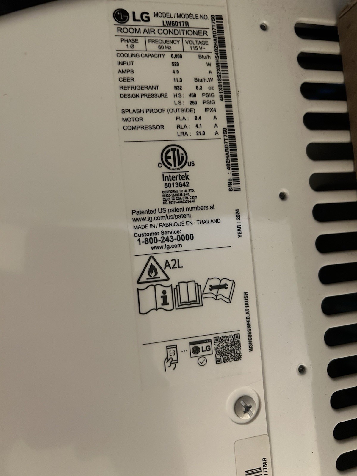 LG 6000 BTU Window Air Conditioner White Through-the-Wall Unit