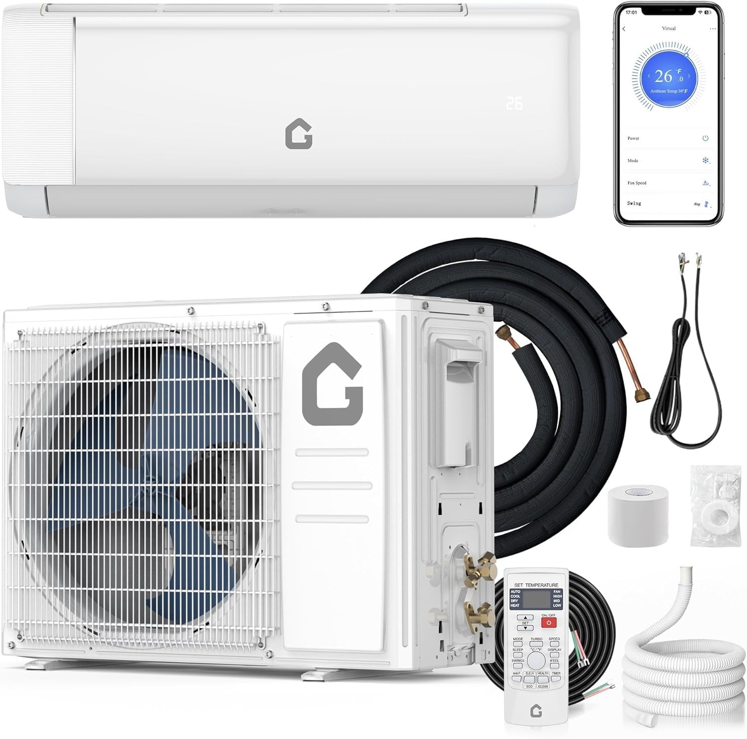 9000 BTU Ductless Mini Split Central AC 20 SEER2 Inverter 208-230V, R32 5 Modes