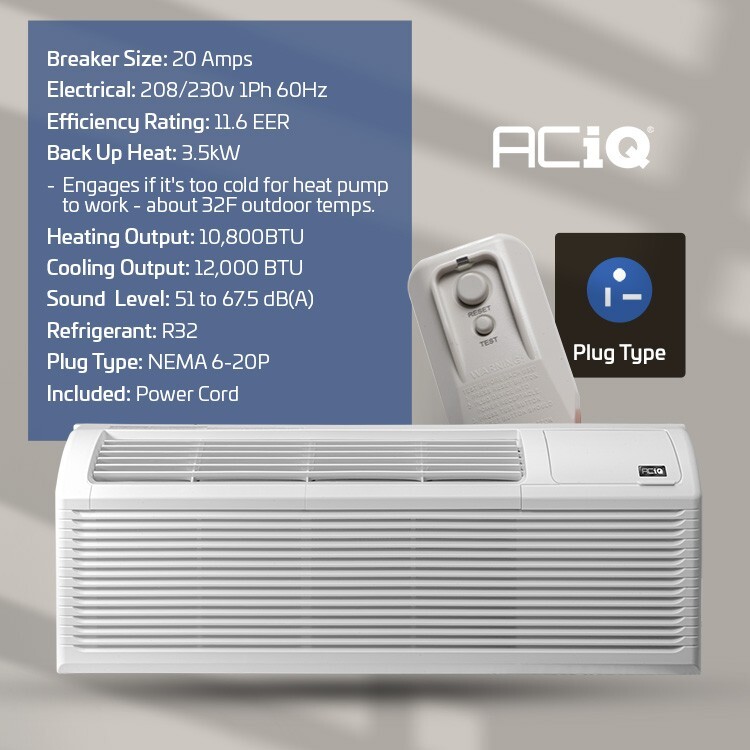 ACiQ 12000 BTU PTAC Heat Pump Air Conditioner Unit & 3.5kW Electric Heater – R32