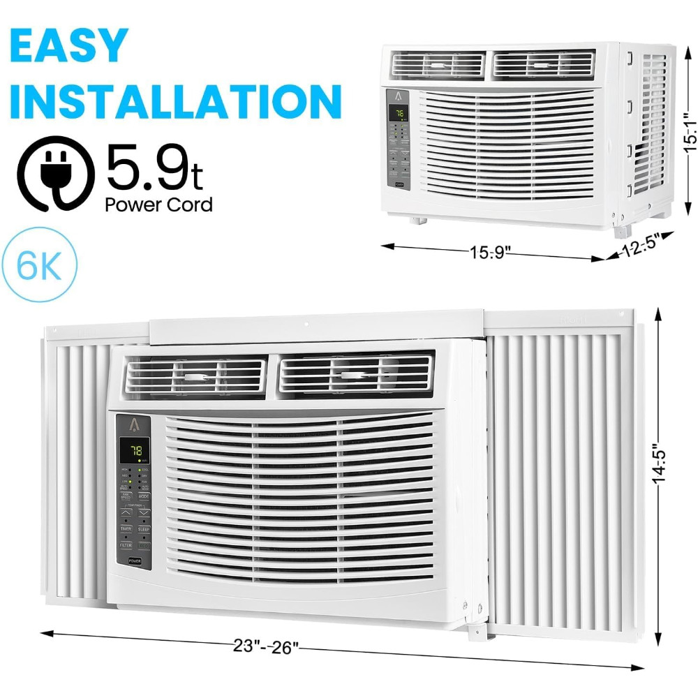 6000 BTU WiFi Window Air Conditioner with Remote & App, Cools 250 Sq. Ft., White