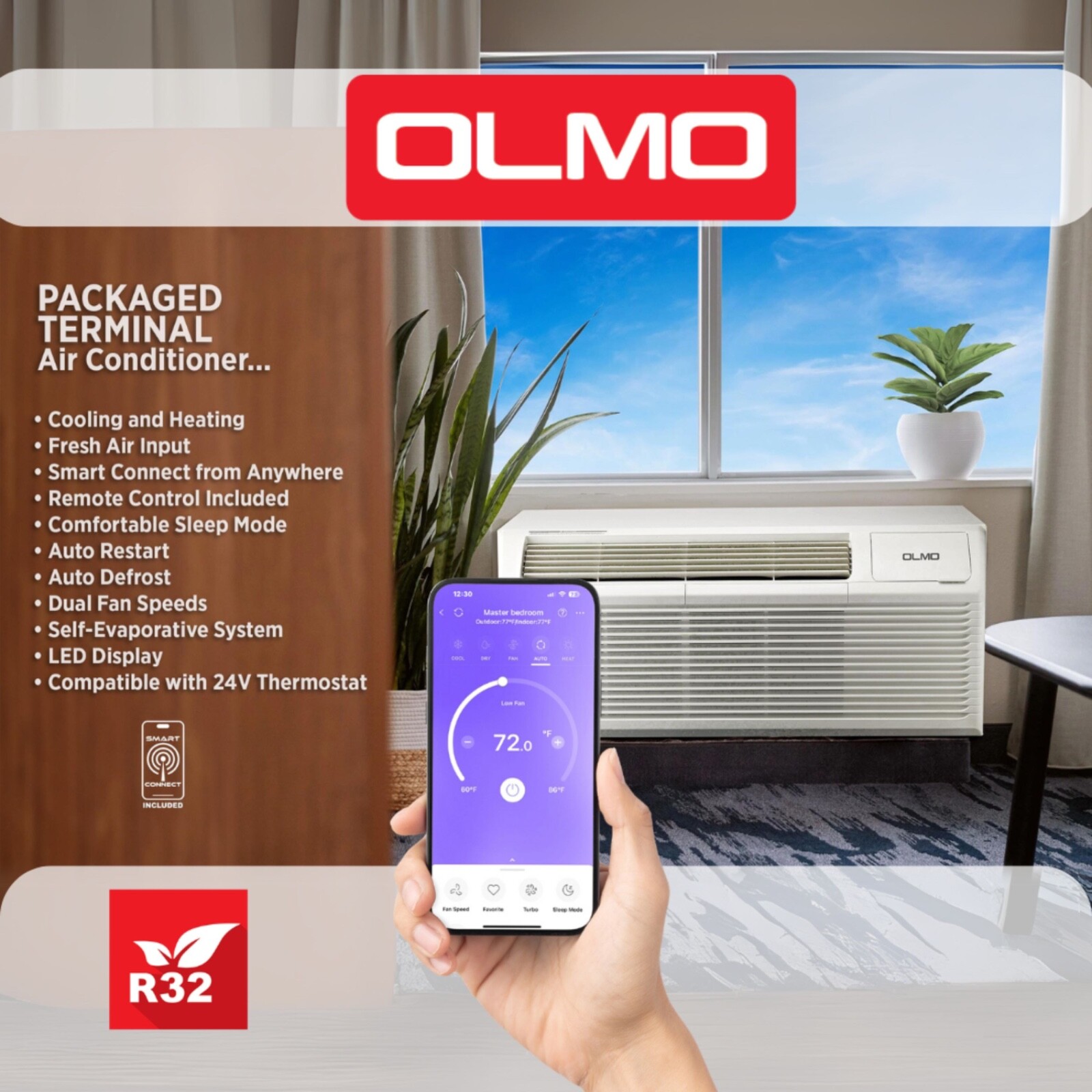 12000 BTU Smart PTAC AC/Heat 230V Through Wall Remote Sleeve Grill R32 WIFI