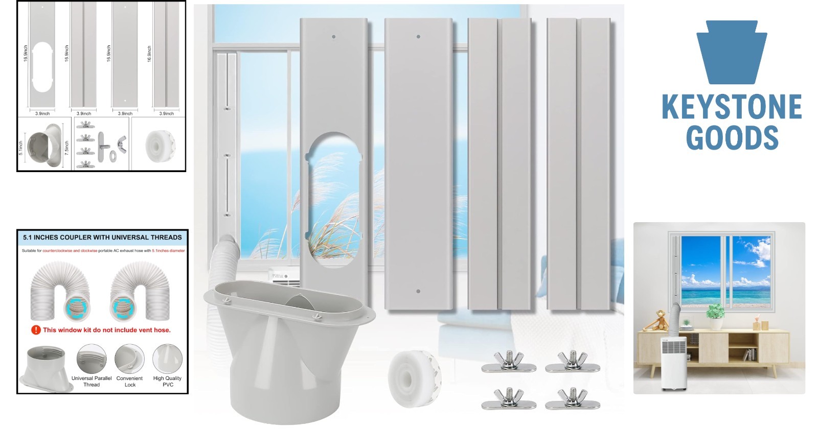 Universal Adjustable Window Kit for Portable ACs – Seals 5.1” Exhaust Hose