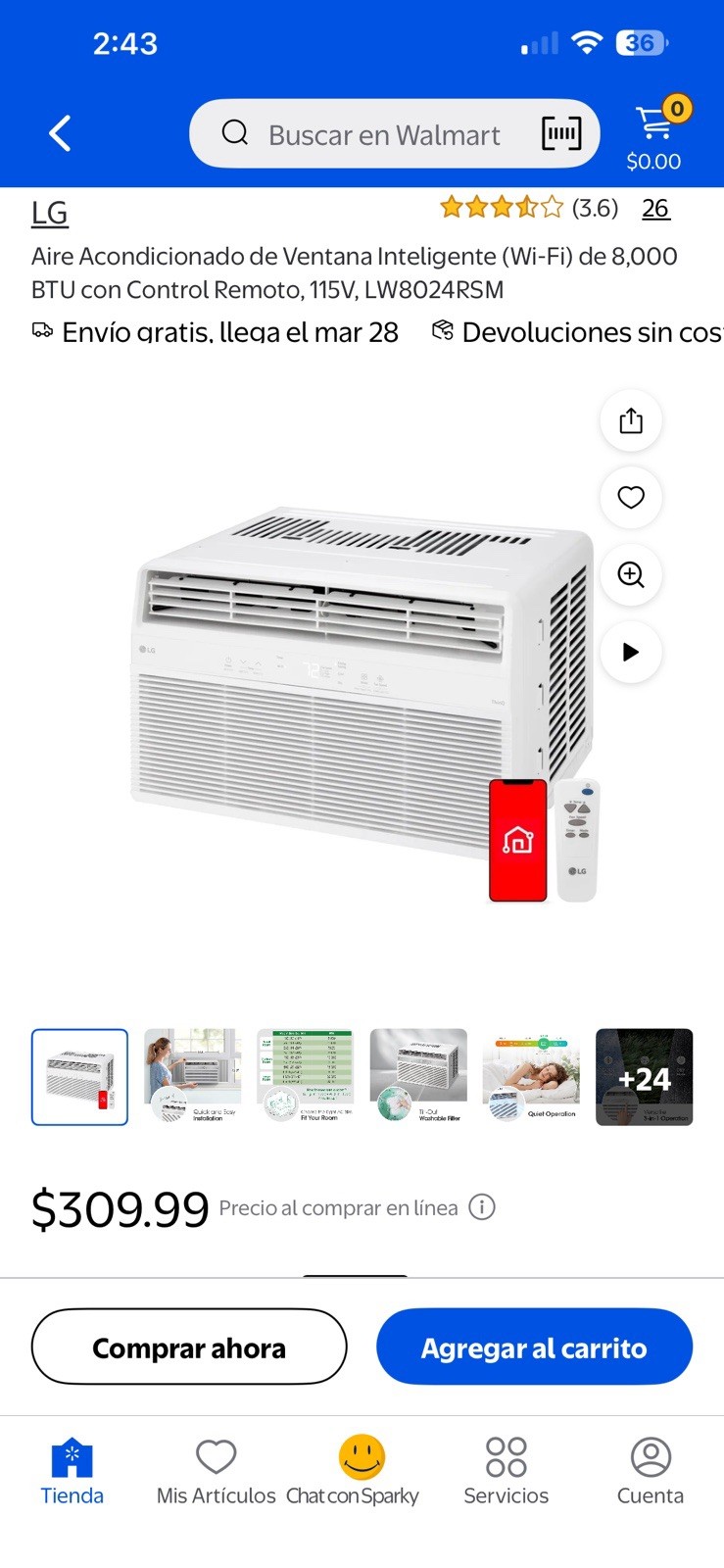 LG 8,000 BTU Window Air Conditioner White Wi-Fi Remote Control 350 sq ft