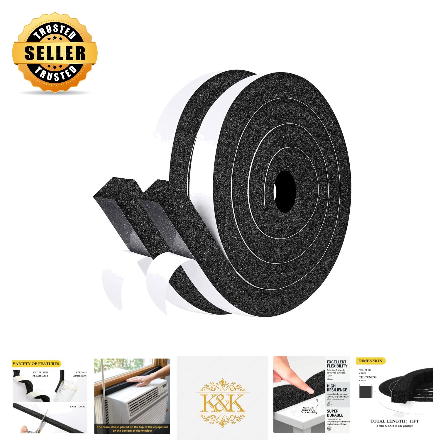 Energy-Saving AC Window Seal Kit – 13FT Neoprene Foam Insulation Tape, 2 Rolls
