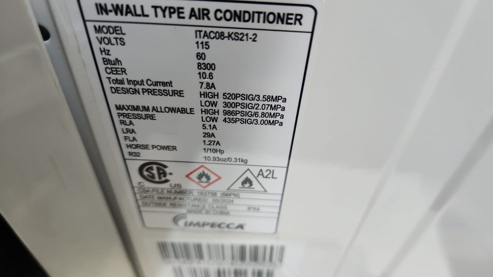 IMPECCA 12,000BTU Through-The-Wall Air Conditioner, Remote, 115V, E-Star#1