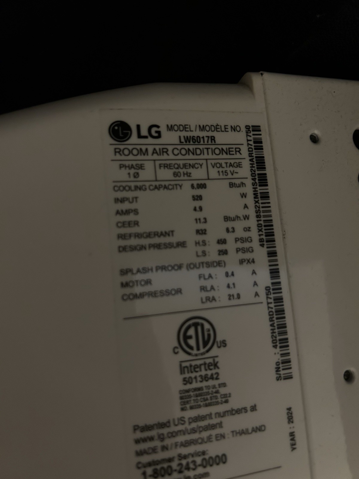 LG 6000 BTU Window Air Conditioner White Through-the-Wall Unit
