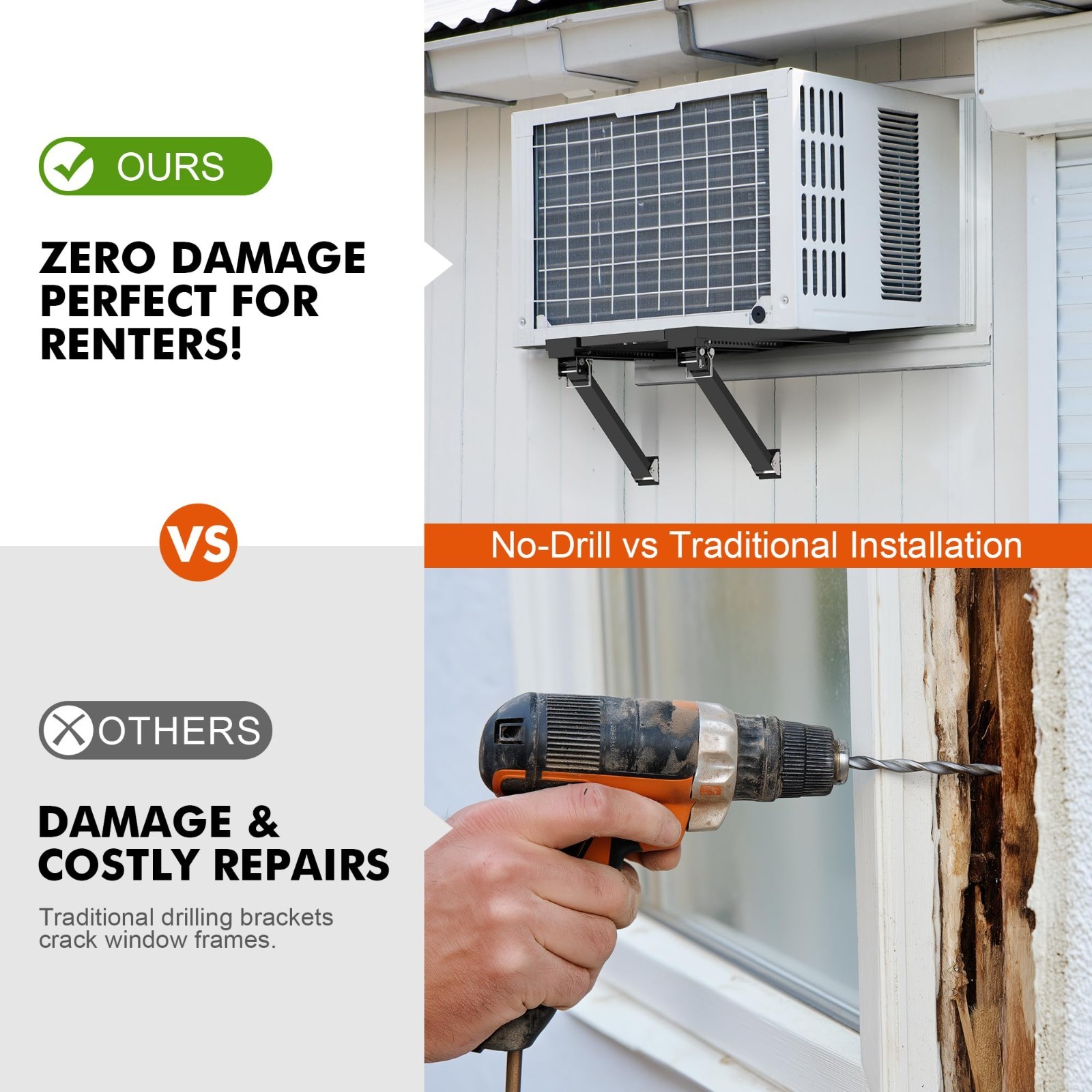 No-Drill Adjustable Window AC Bracket, Heavy-Duty Support for Single/Double Hung