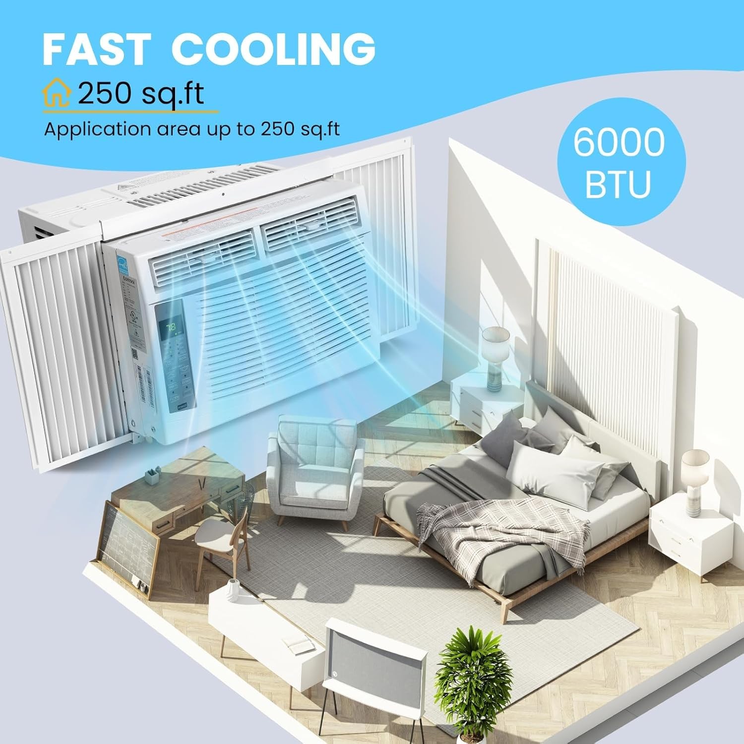 6000 BTU WiFi Window Air Conditioner with Remote & App, Cools 250 Sq. Ft., White