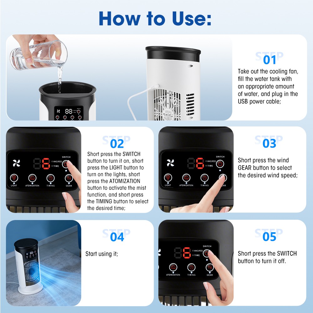6-Speeds Portable Air Cooler Fan 300ML Water Tank Ice Cold Cooling Conditioner
