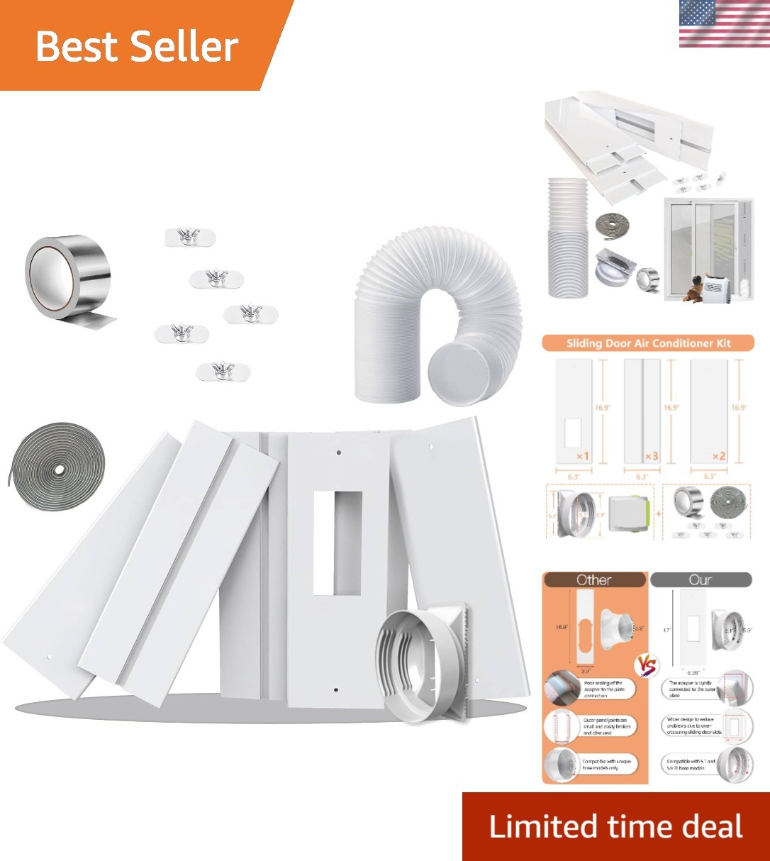95″Sliding Door AC Vent Kit with Φ 5.1″Extendable Hose Screen net & Weather S…