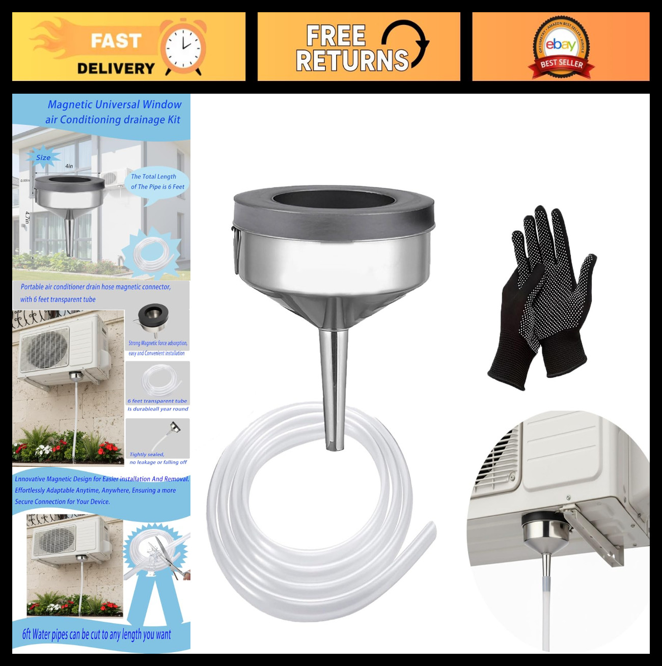 Universal 6Ft Magnetic Window AC Drain Kit – Portable Hose for Air Conditioners