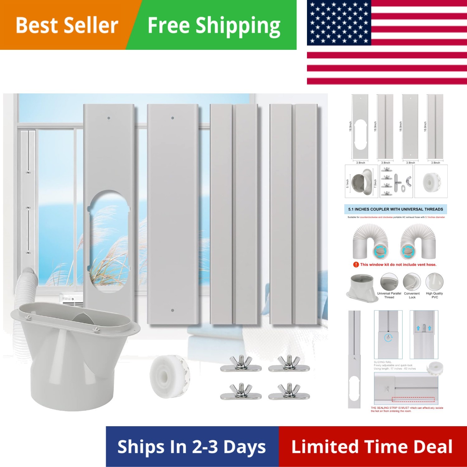 Portable Air Conditioner Window Kit, Adjustable Vertical/Horizontal Sliding W…