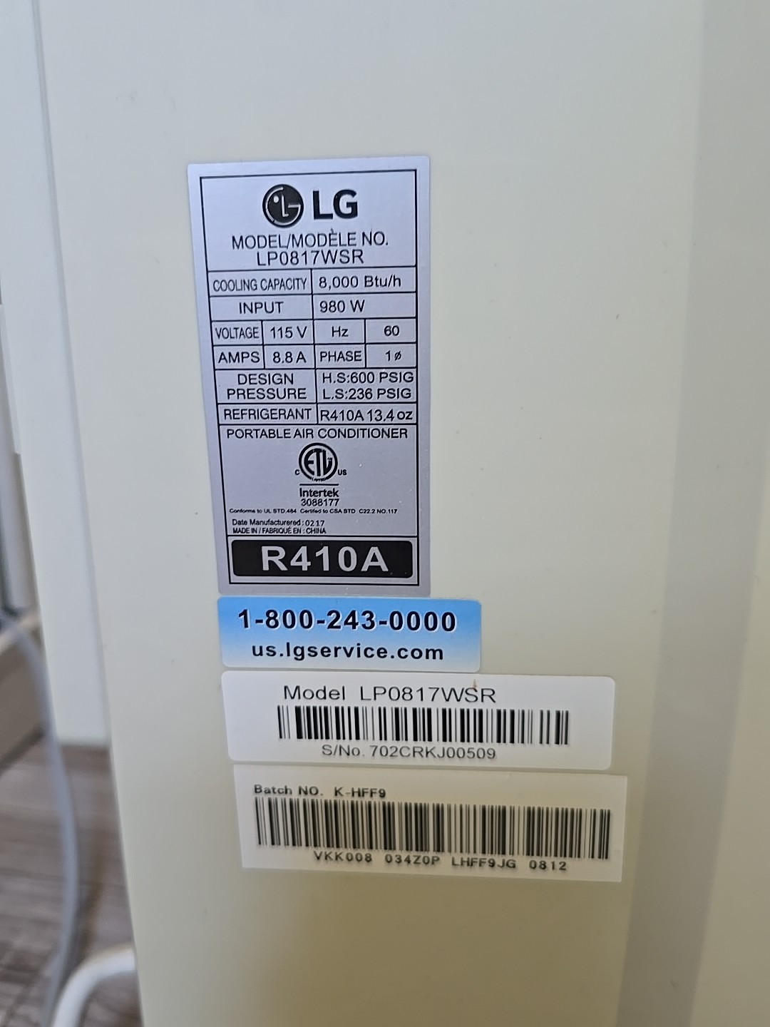 LG LP0621WSR Portable Air Conditioner (Cools 250 Sq Ft.)