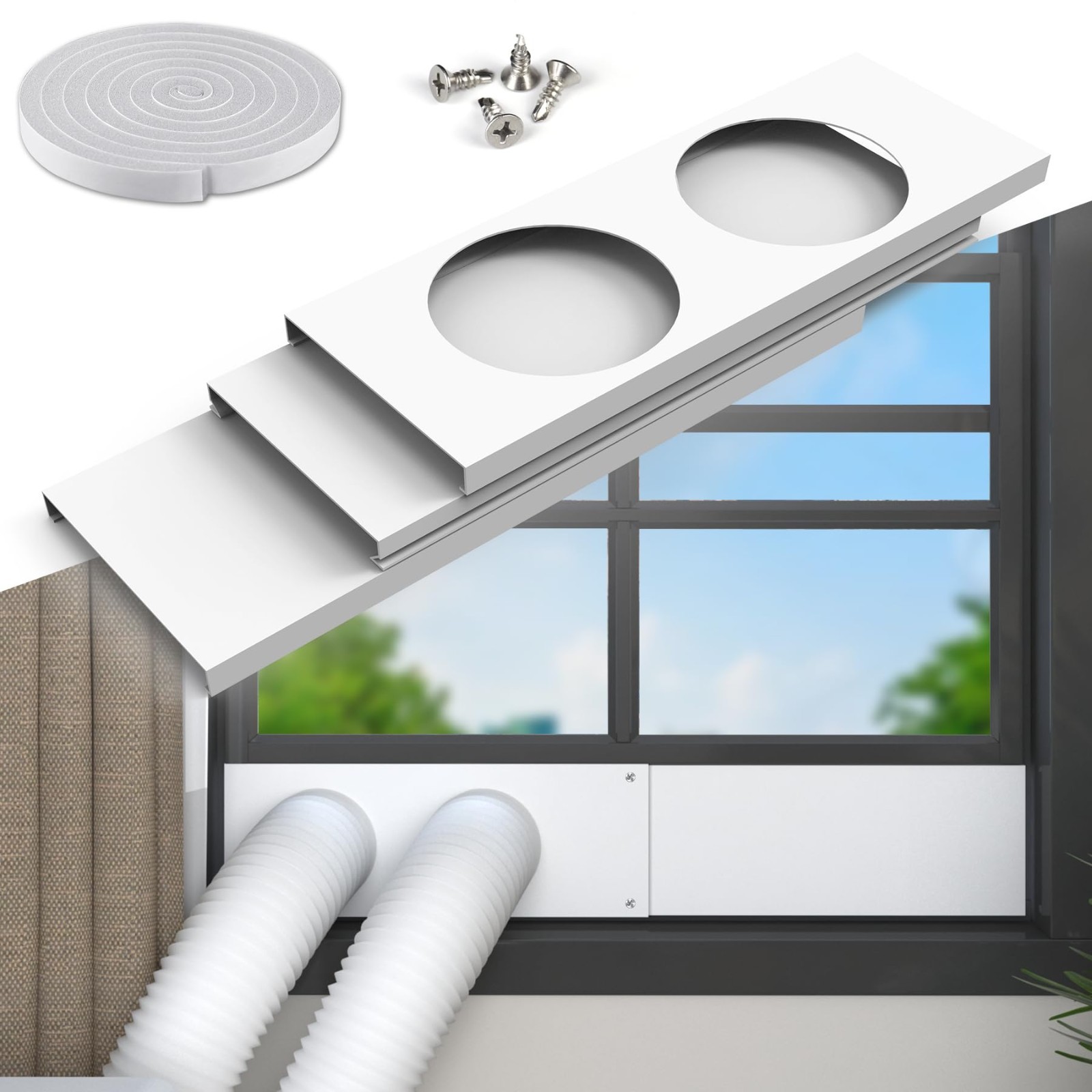 Dual Hose Portable Air Conditioner Window Kit – Adjustable Seal Plates & Foam St