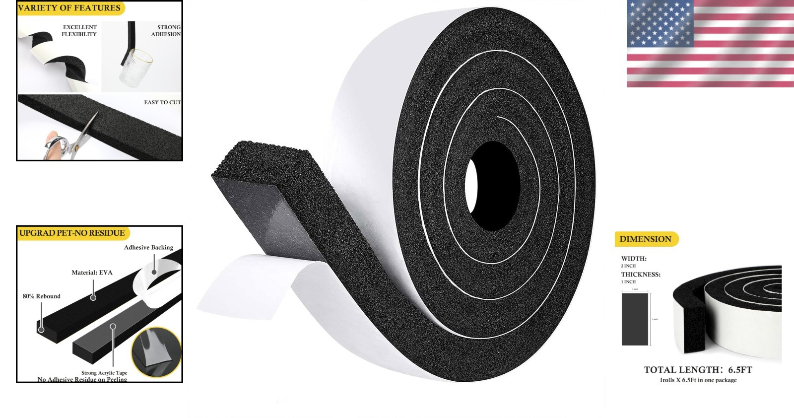 Multi-Purpose Weatherproof Foam Tape – 2″ W X 1″ T Insulation Strips, 6.5ft Roll