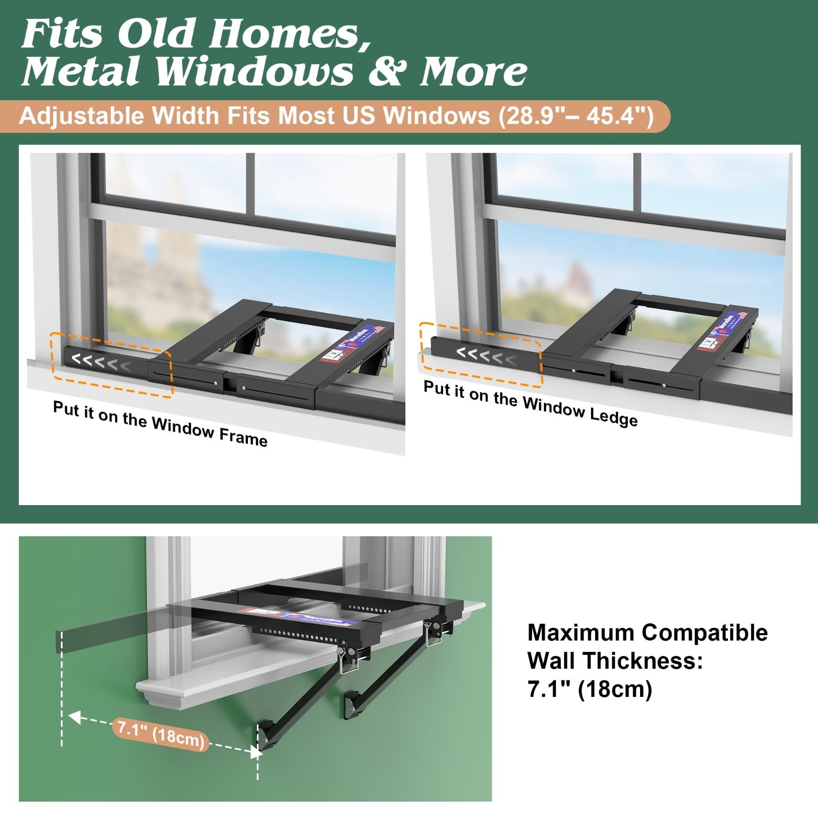 No-Drill Adjustable Window AC Bracket, Heavy-Duty Support for Single/Double Hung