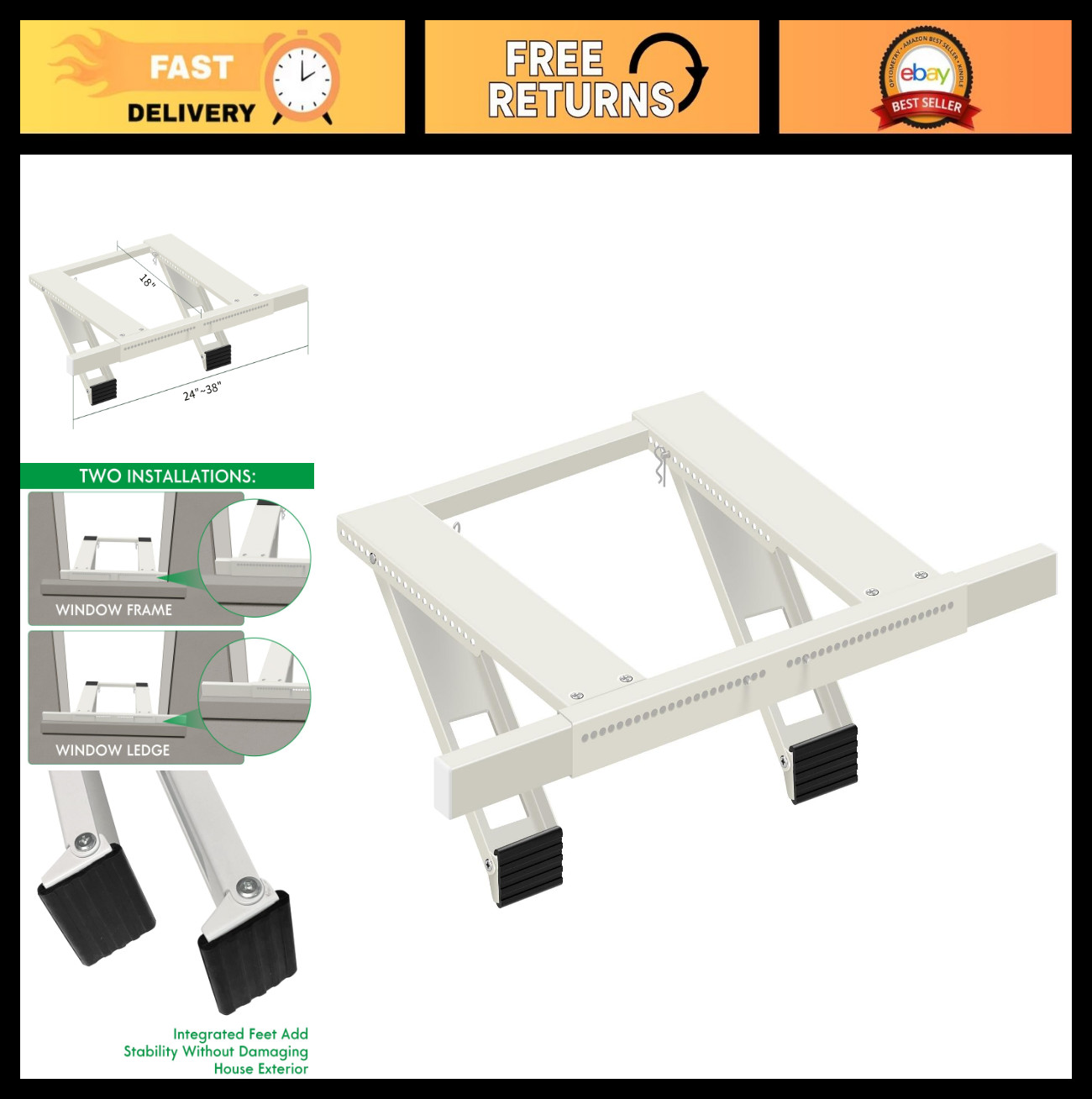 Heavy-Duty No Drill Window AC Bracket Support, Up to 200lbs, Fits Single/Double