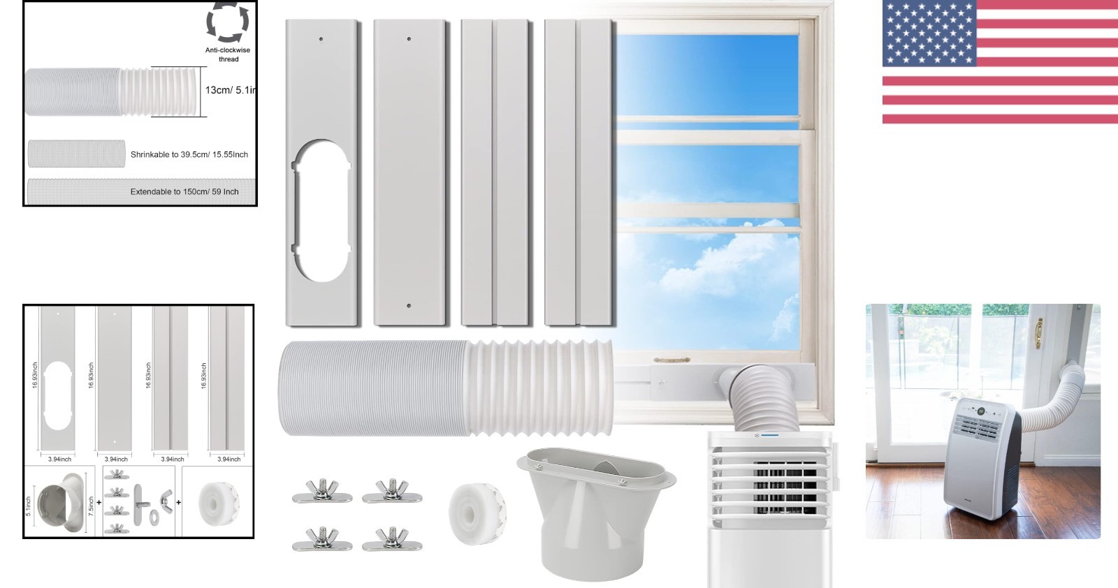 5.1” Diameter Portable A/C Window Seal & Exhaust Hose for Home & Office Cooling