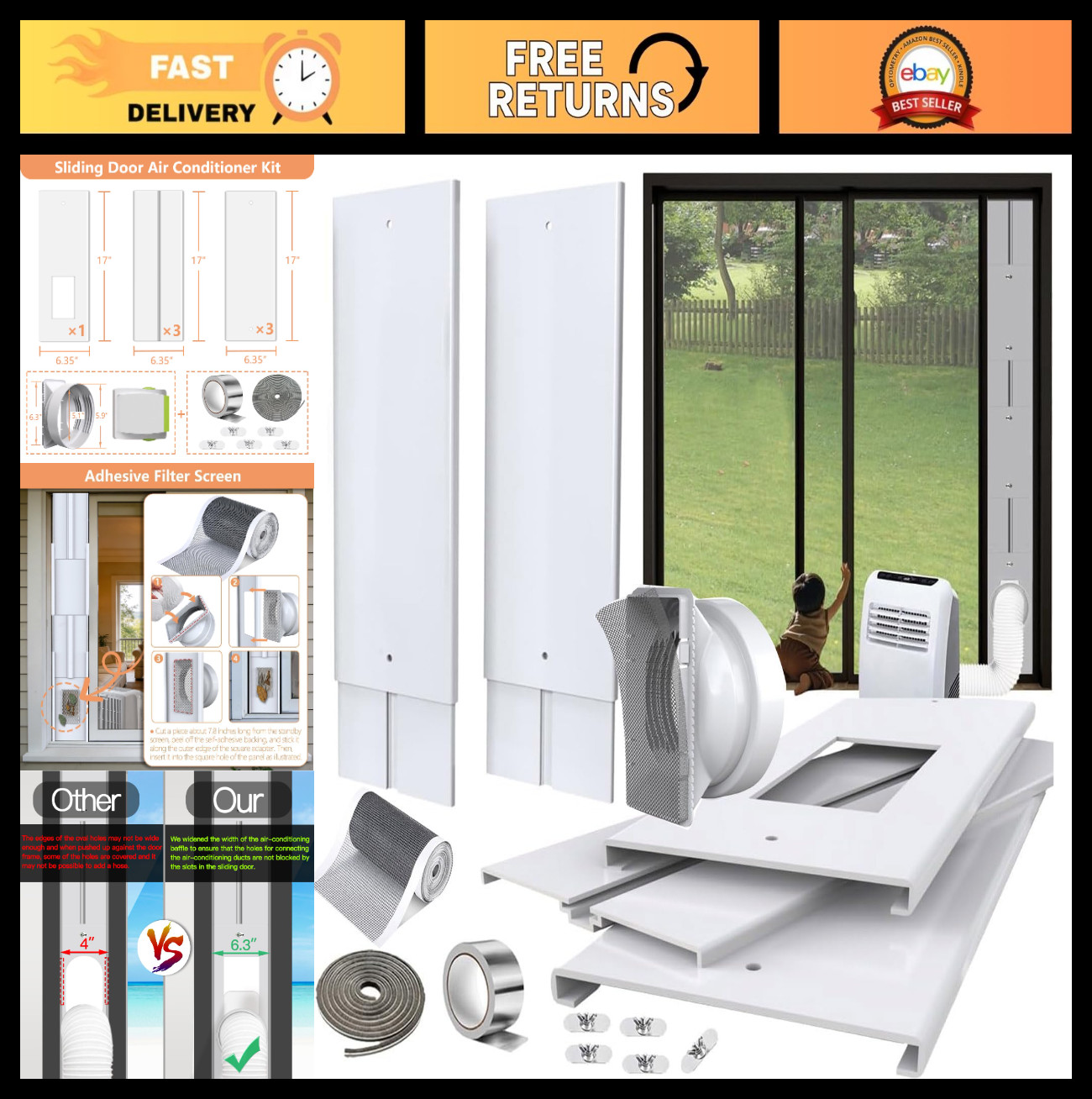 105″ Sliding Door AC Vent Kit with Screen, Weather Stripping & Hose Coupler – En