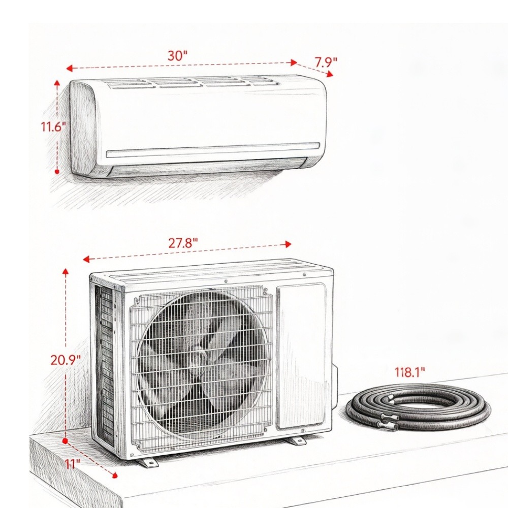 Mini Split AC 12000 BTU Cooling Heating 750 Sq Ft SEER2 22 R32 115V White