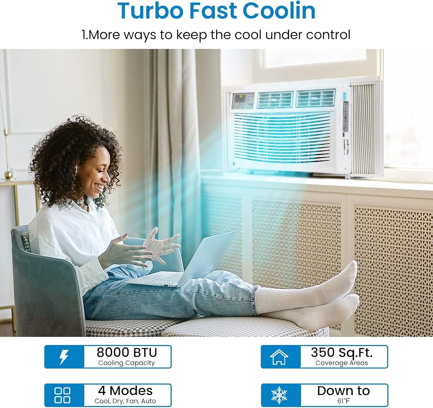 Window Air Conditioner, Energy Saving Cooling 8000 BTU Wifi with Dehumidifier, 3