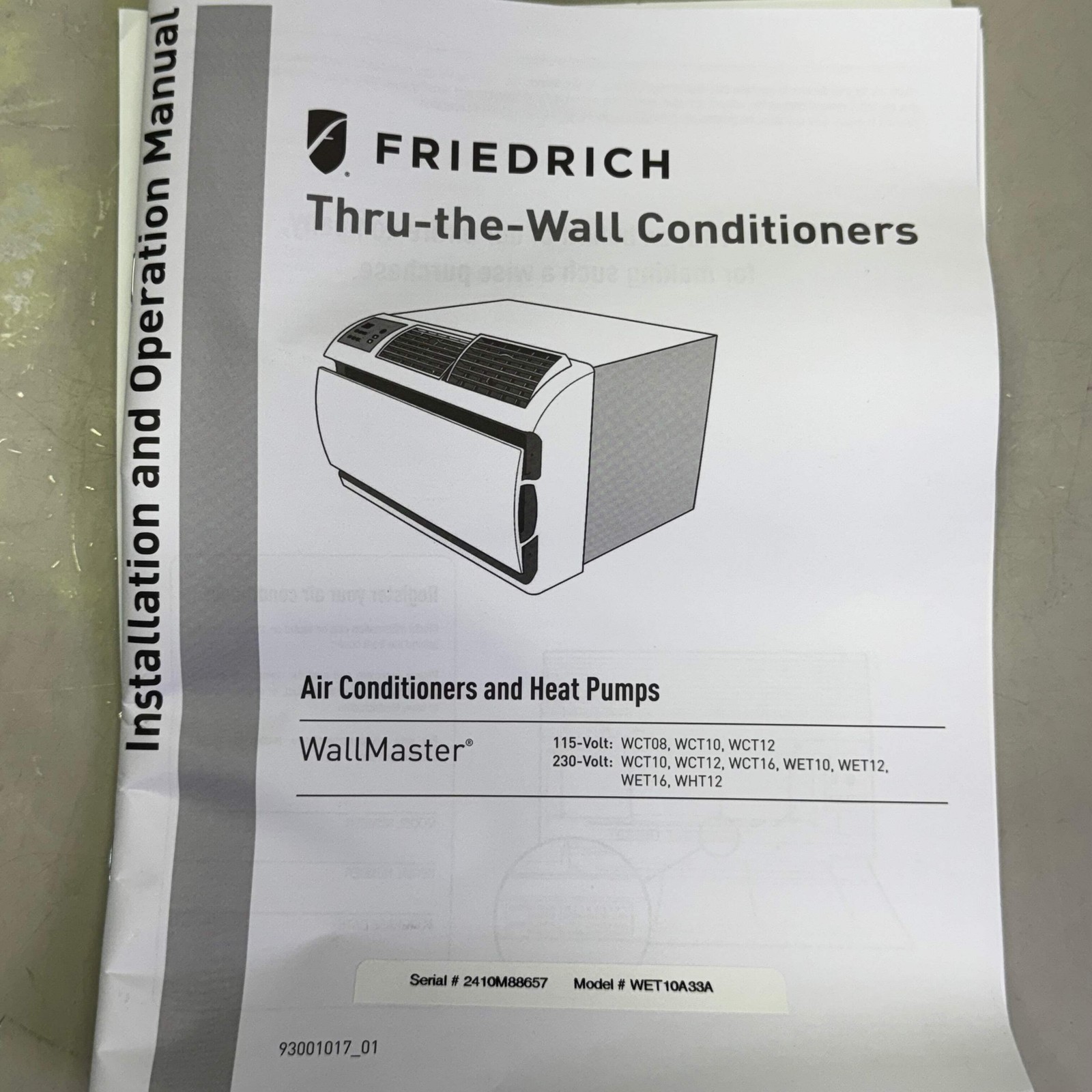 FRIEDRICH Wall Air Conditioners 12000 BTU Cool, 230V White WET10A33A (New Other,