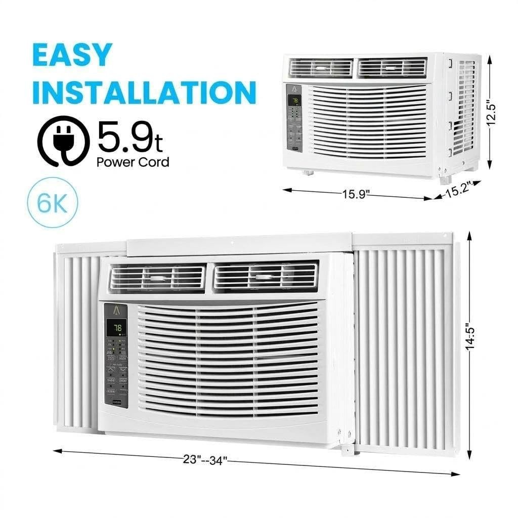 6000 BTU Window Air Conditioner for Rooms Up to 350 Sq Ft Quiet Operation 115V