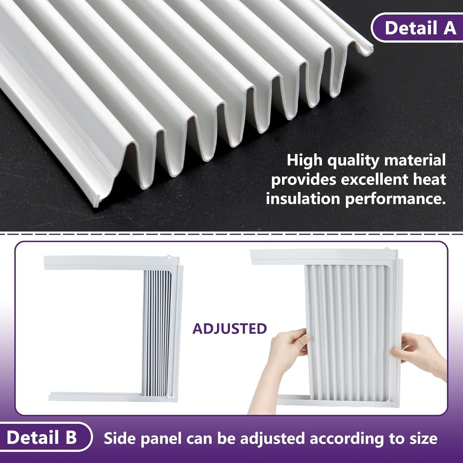 Window AC Side Panel Frame Kit Adjustable Accordion Curtain Insulation for 8000
