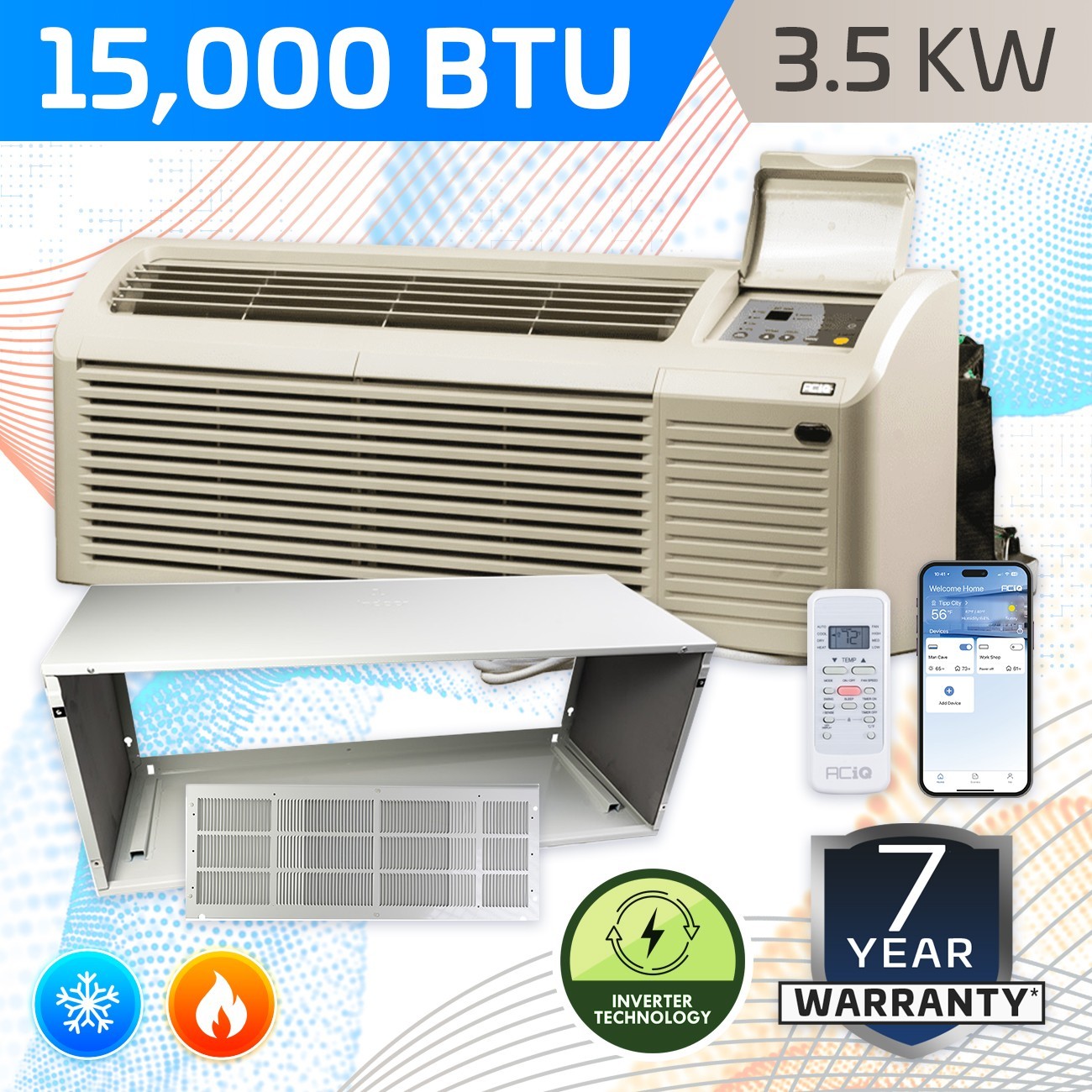 ACiQ 15000 BTU 3.5KW Inverter PTAC Heat Pump AC Unit + Sleeve & Grille, R32 230V