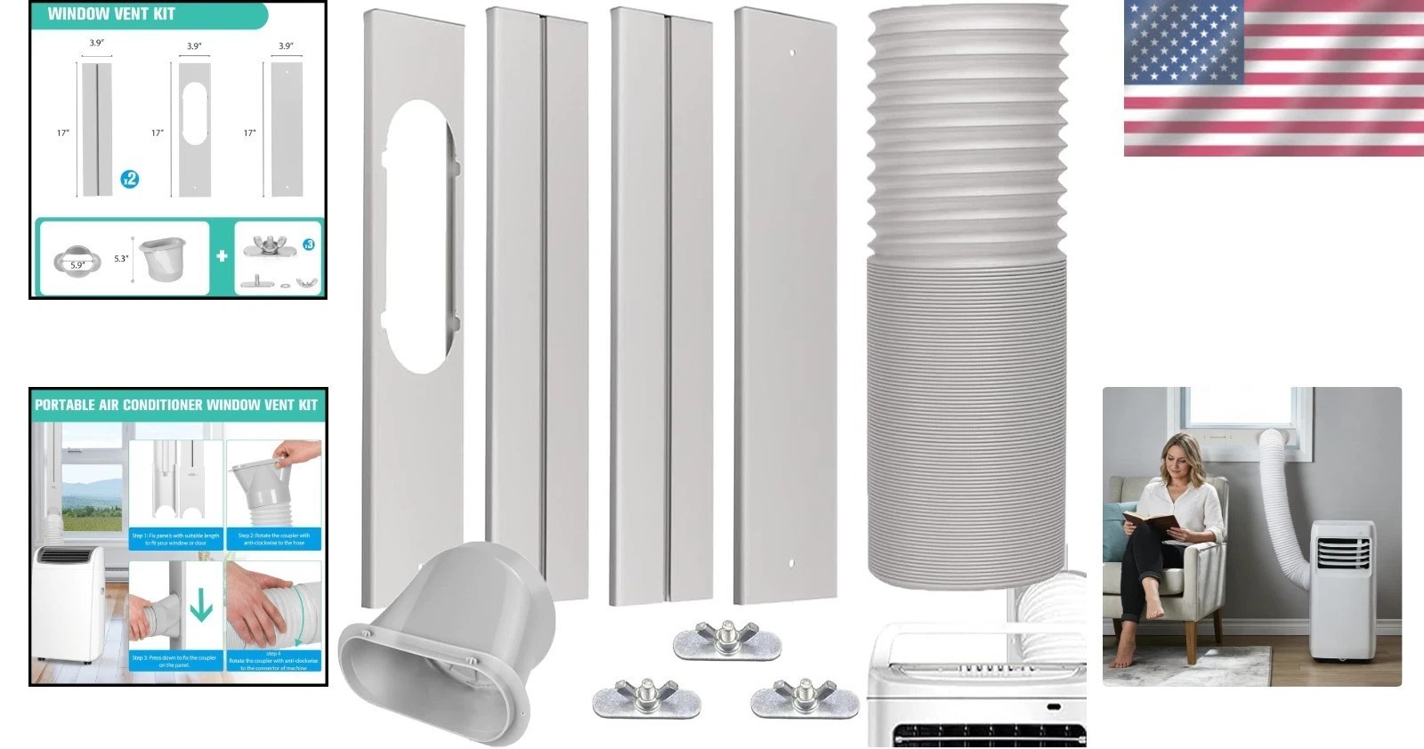 Universal Portable AC Window Vent Kit with 5.9″ Exhaust Hose – 59″ Adjustable