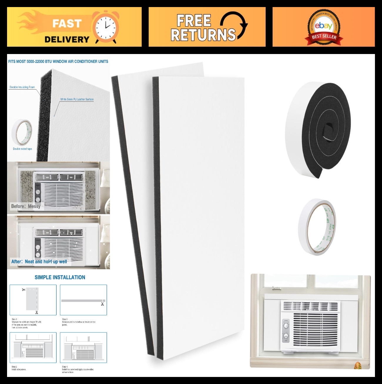 Air Conditioner Foam Insulation Window Kit – 2 Pack AC Side Panel Seal 17x9x7/8