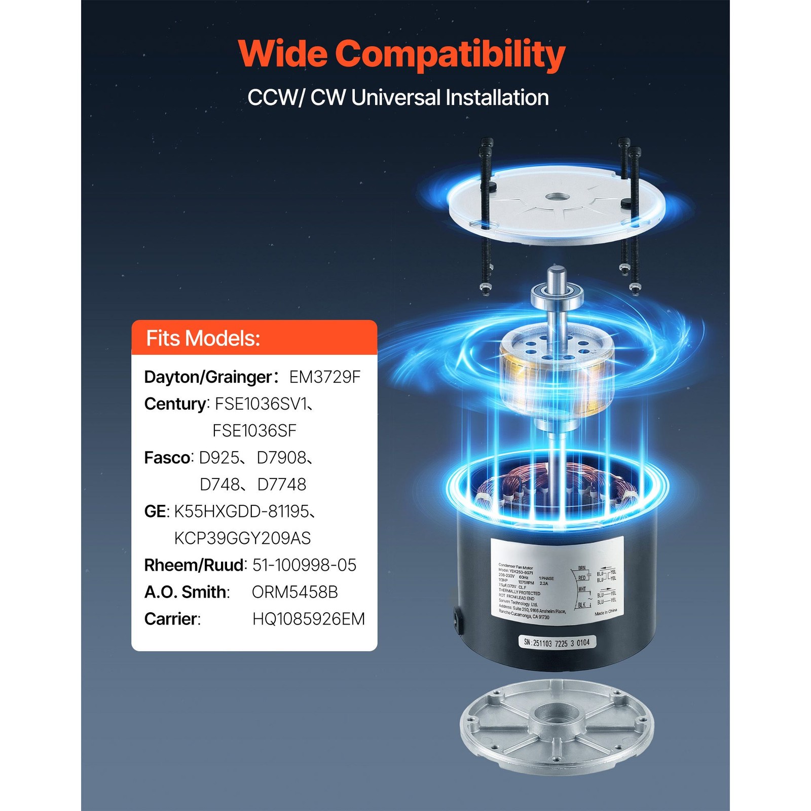 Condenser Fan Motor 1/ 3 HP 1075 RPM 208 – 230V with Capacitor