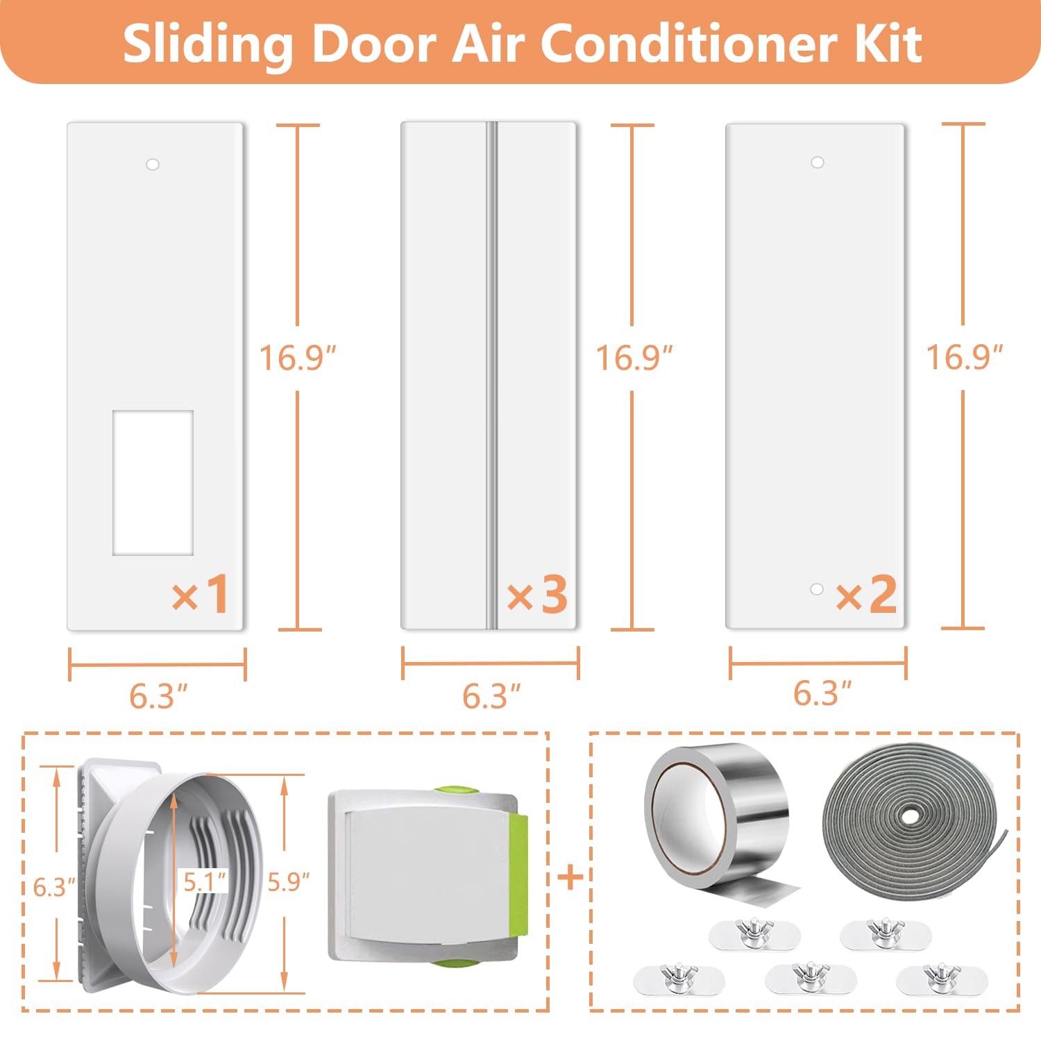 95″ Sliding Door AC Vent Kit with Φ 5.9″AC Hose Filter Screen & Weather Strippin