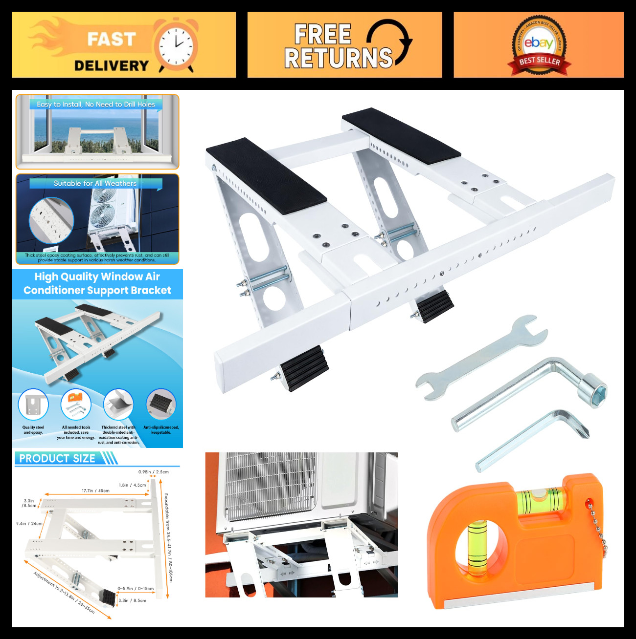 Heavy Duty No-Drill AC Bracket for Single/Double Hung Windows, 5,000-24,000 BTU,