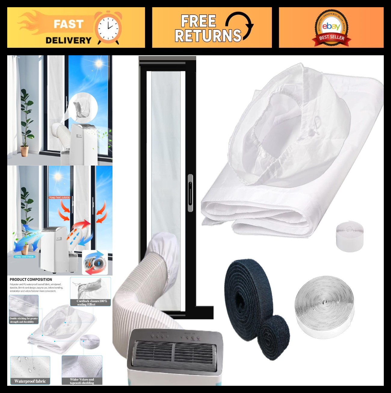 98″ Portable Air Conditioner Sliding Door Seal Kit – Dual Hose Vent Kit for 1400