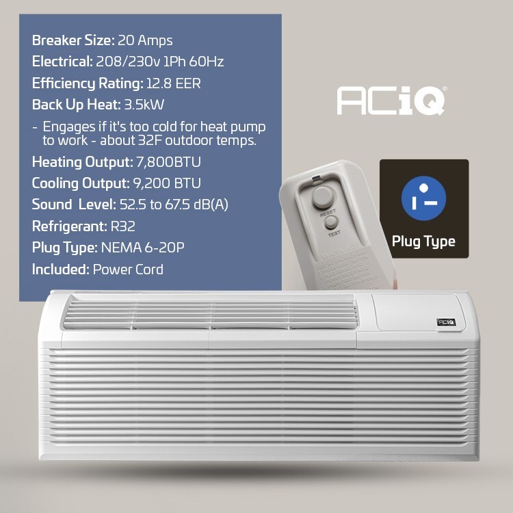 9000 BTU R32 Air Conditioner Heat Pump PTAC Unit & 3.5kW Heater + WiFi T-Stat