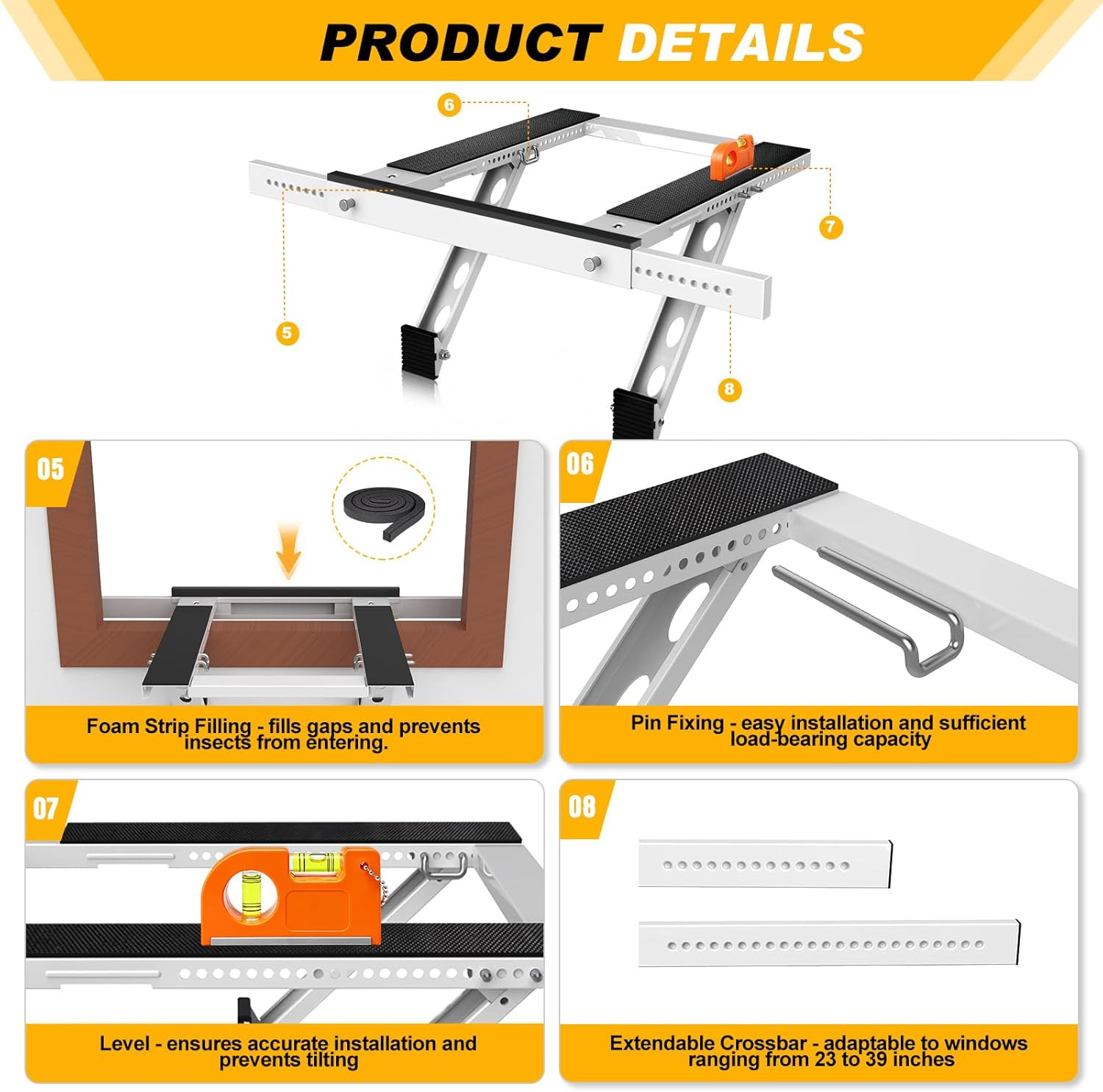 Upgraded Window AC Bracket No Drill, Adjustable 23″-39″ Window Air Conditioner S
