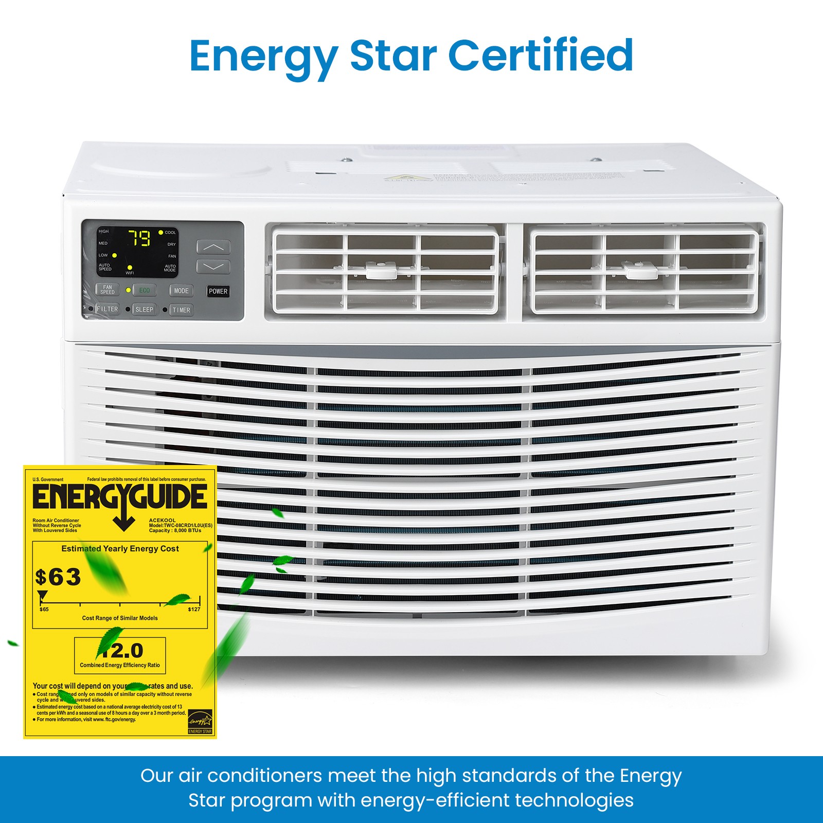 8000 BTU Window Air Conditioner Remote 3 Speed Fast Cooling AC Unit 350 Sq.Ft US