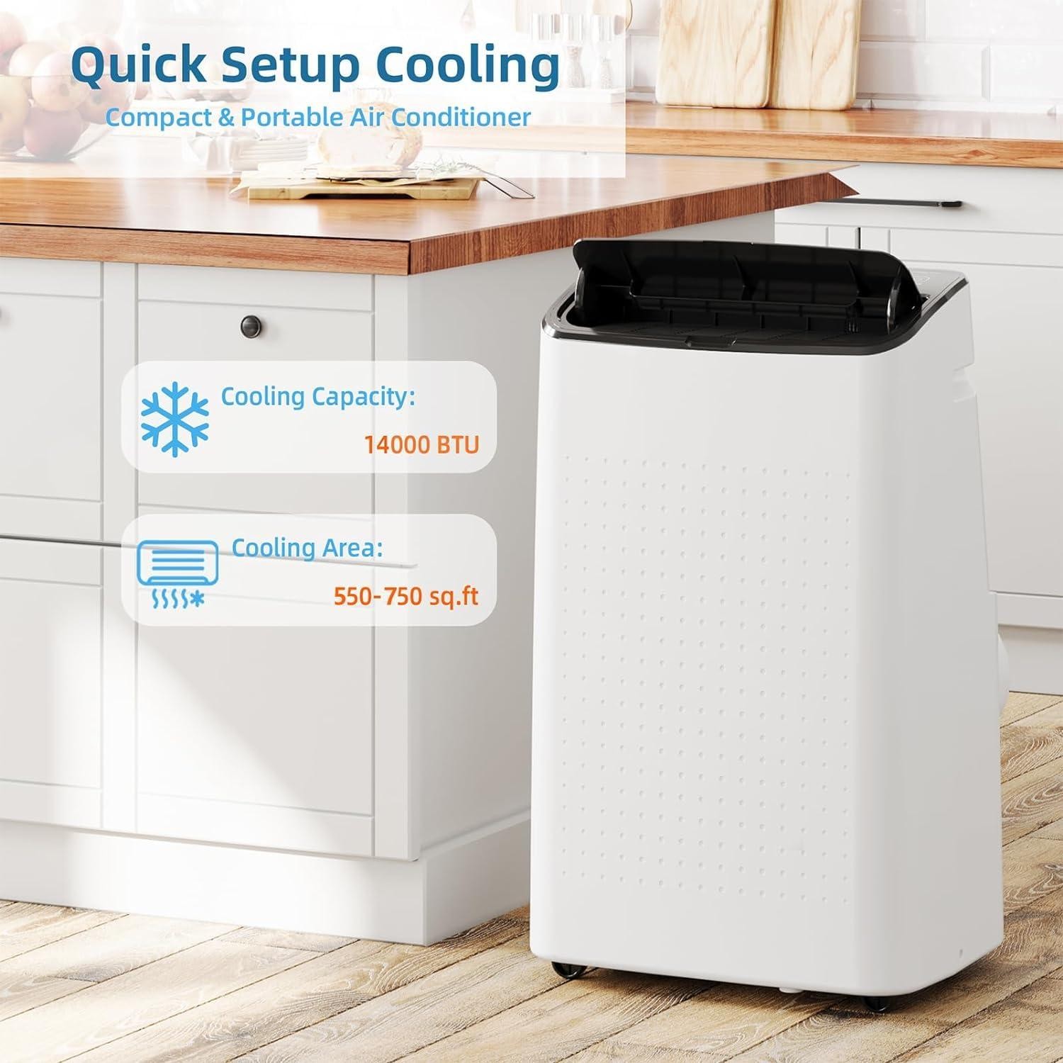 14000 BTU Portable Air Conditioner Ceer 7.7,48dB,Remote Control,1115W 750 Sq.Ft
