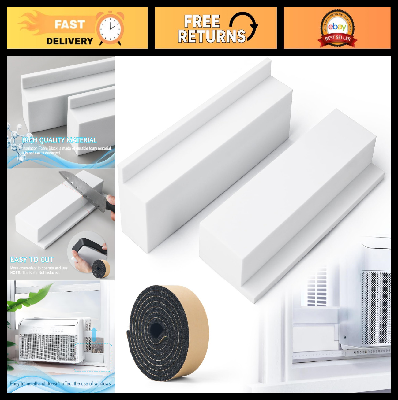 U-Shape Window AC Foam Block Insulation Panels, 2 Pack with Weather Seal Strip,