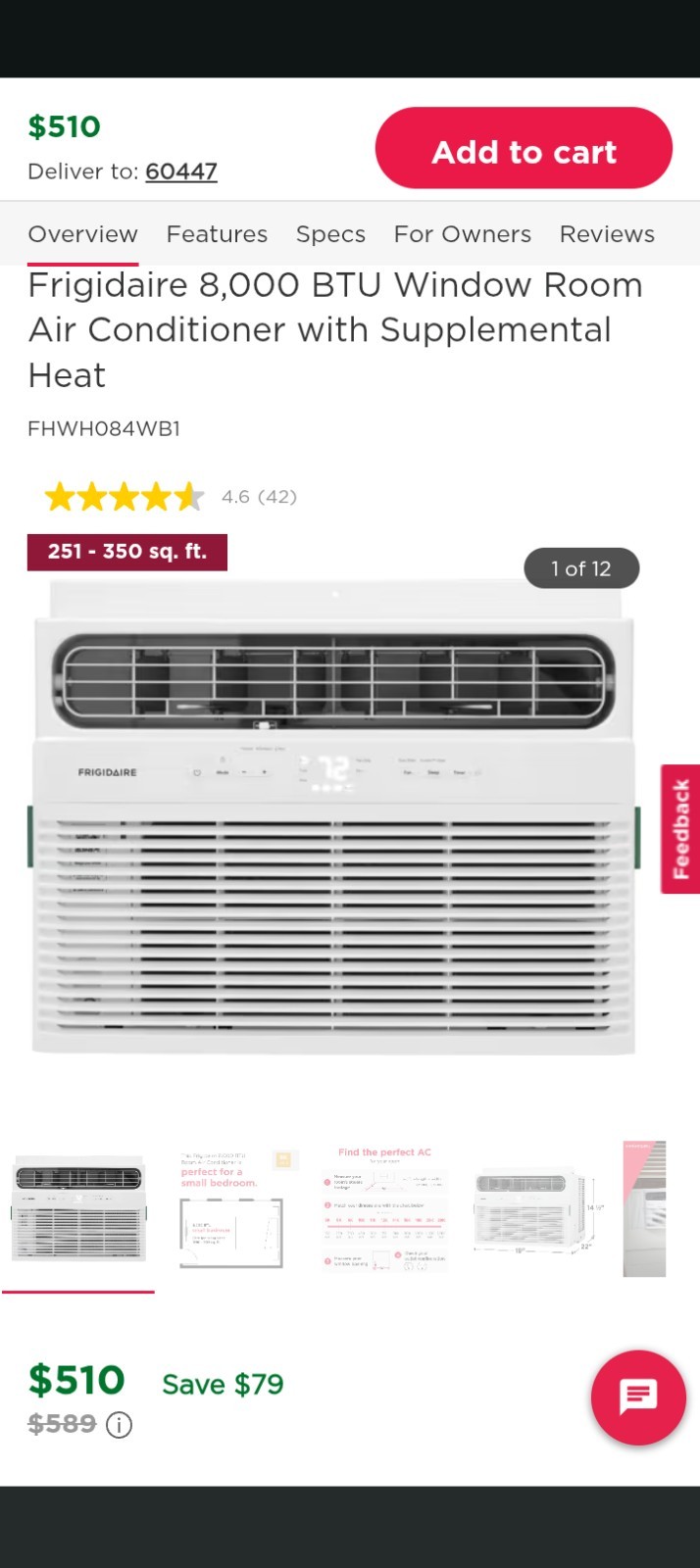 Fridgedaire 8000 BTU Digital AC WiFi Enabled Model # FHWWO84WD1,W/ Rem. $265 OBO