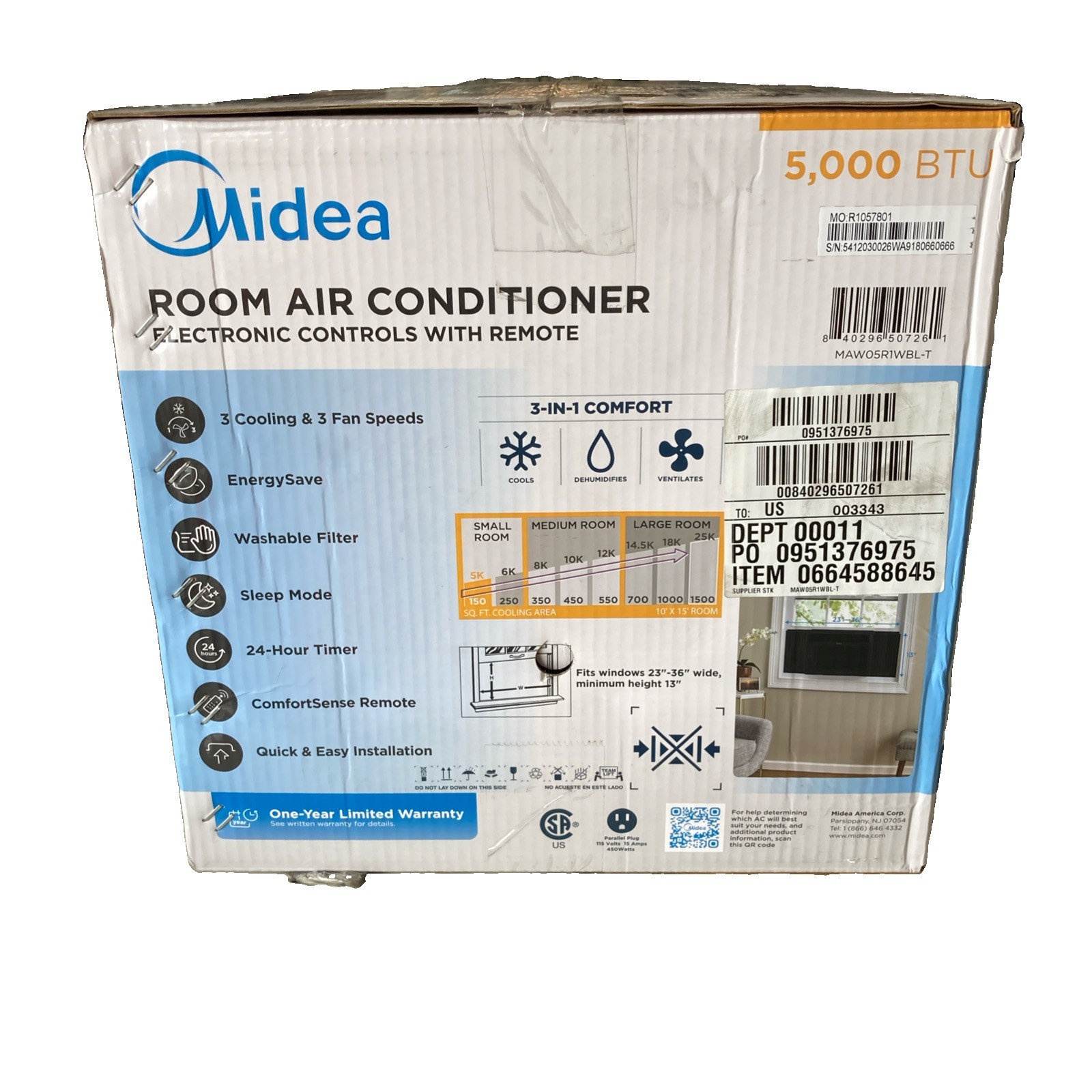 Midea 5000 BTU Window Air Conditioner 115V Mechanical Controls White Filter