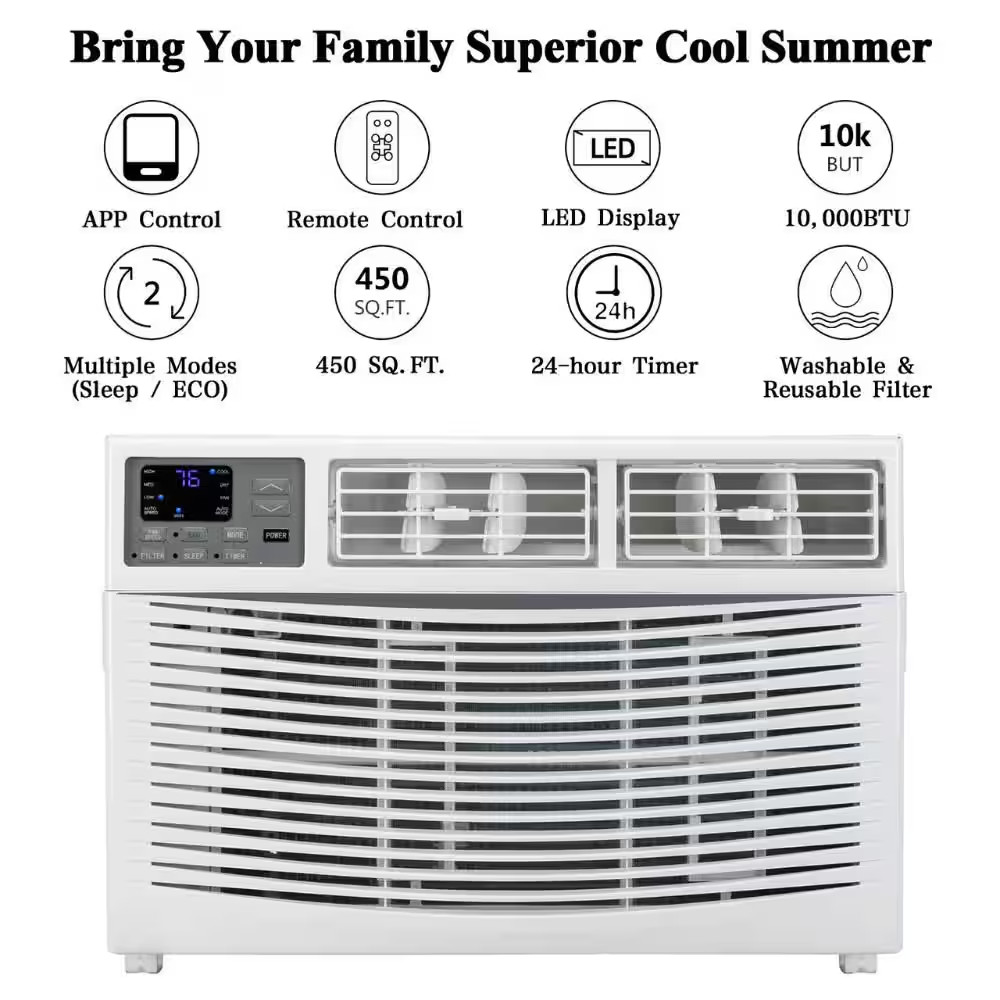 10,000 BTU (DOE) BTU Window Air Conditioner Cools 450 Sq. Ft. with Remote Contro