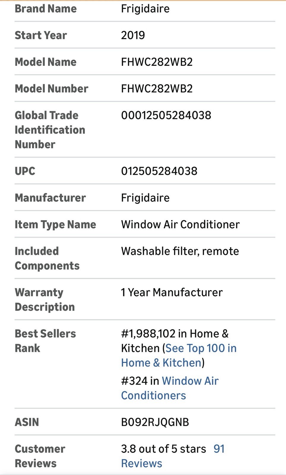 Frigidaire FHWC282WB2 28000 BTU Window AC Remote/Digital 230V White