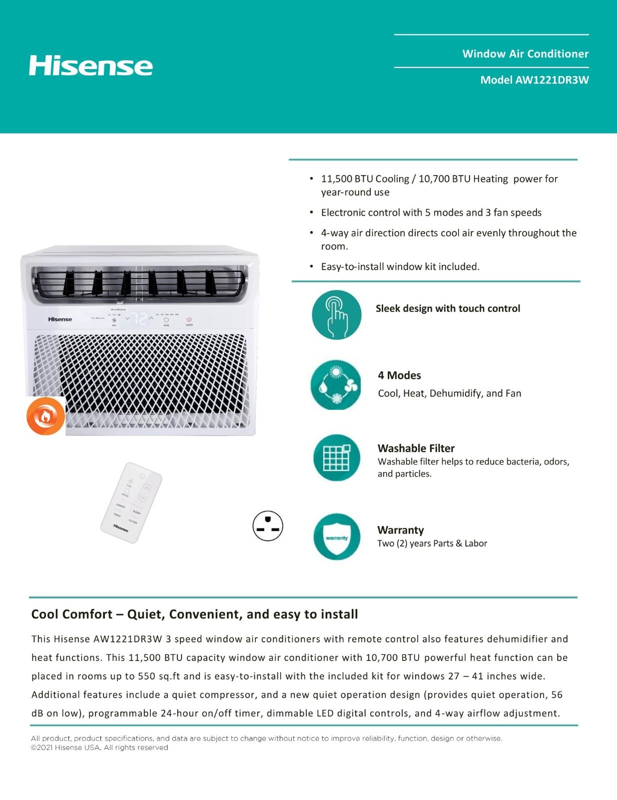 Hisense AW1221DR3W 550 Sq Ft Window AC with Built-in Heat (230 Volt)